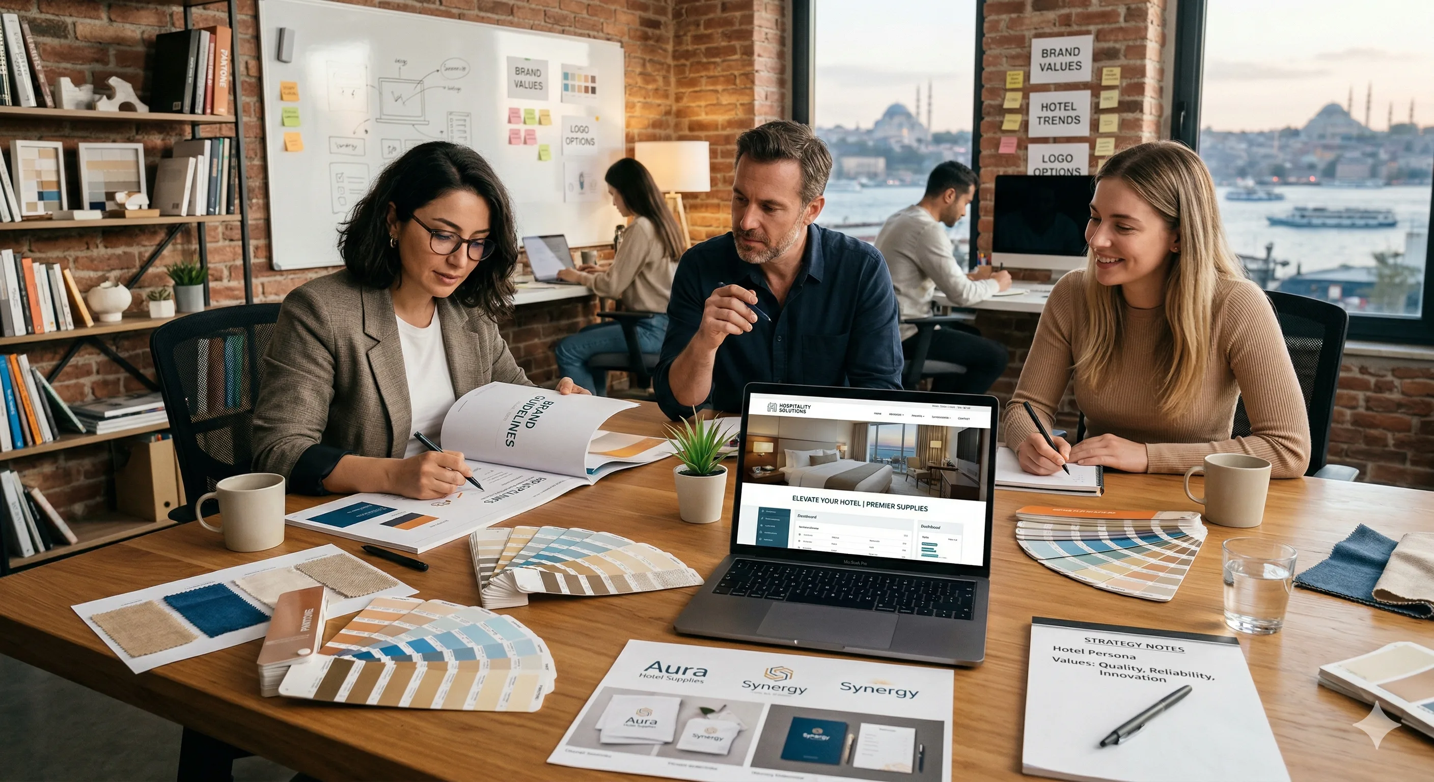 Hotel supplier digital brand building strategy dashboard showing website, SEO, social media, and content marketing channels