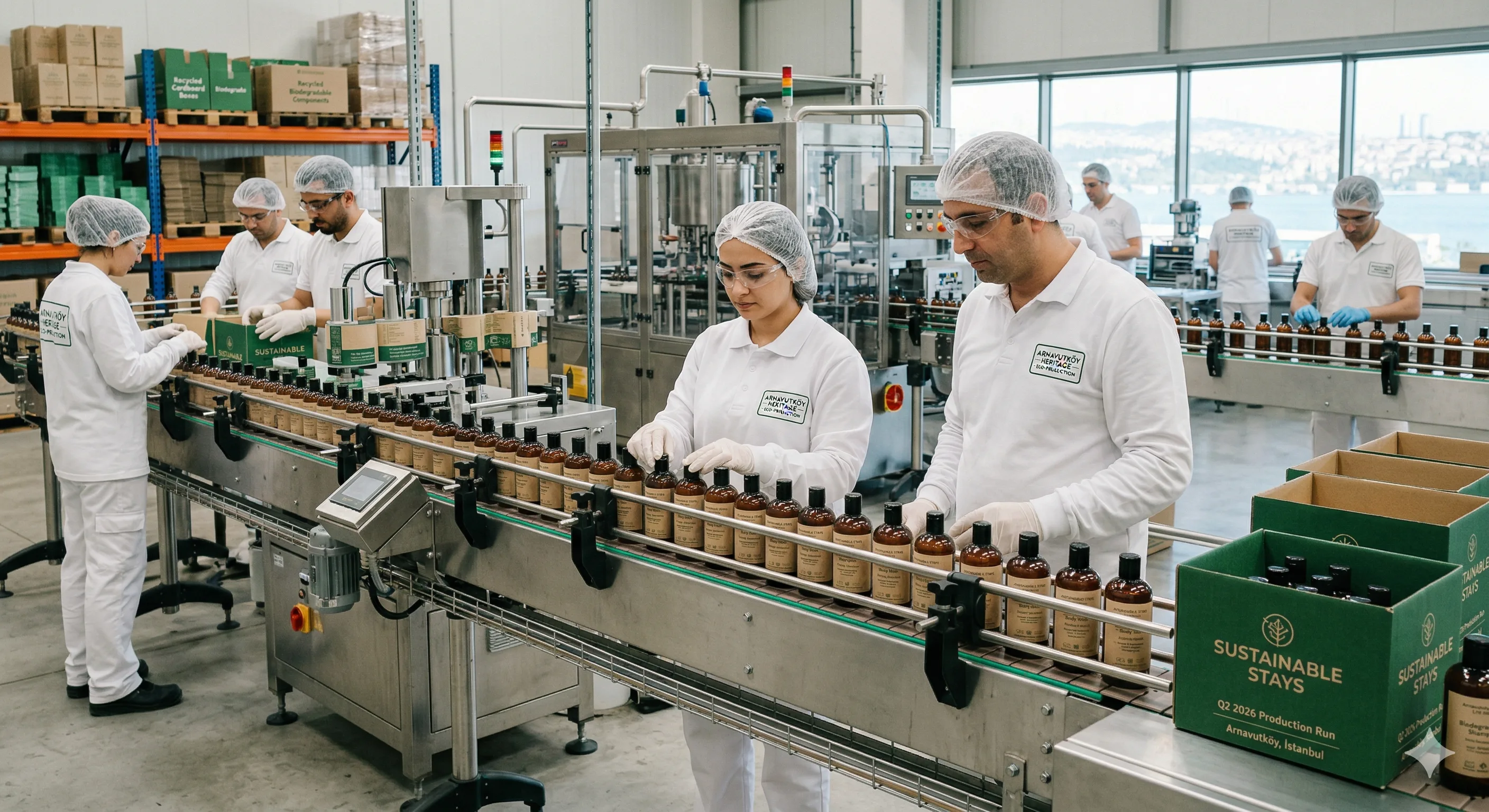 Natural organic hotel amenities with plant-based ingredients and minimalist sustainable packaging on a marble surface