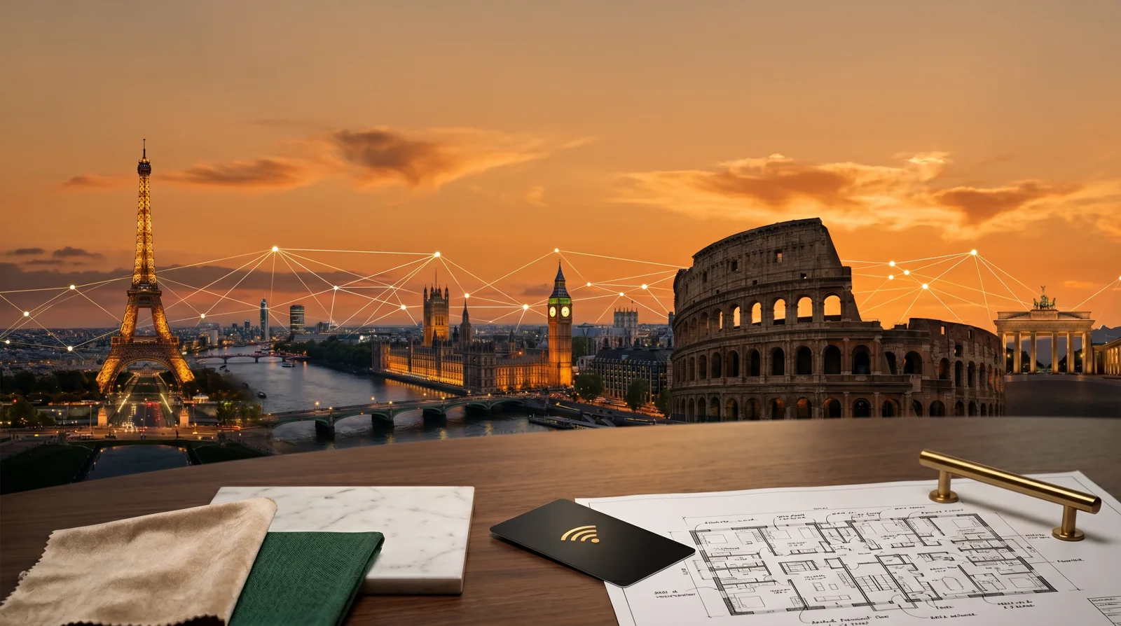 European hotel skyline — London, Paris, Rome — overlaid with procurement data network and FF&E material samples