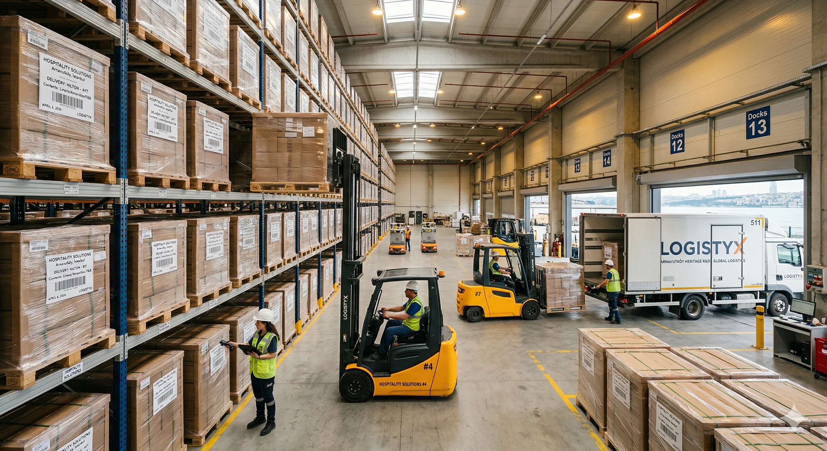 Modern distribution warehouse with automated sorting systems and neatly organized hotel supply product shelves
