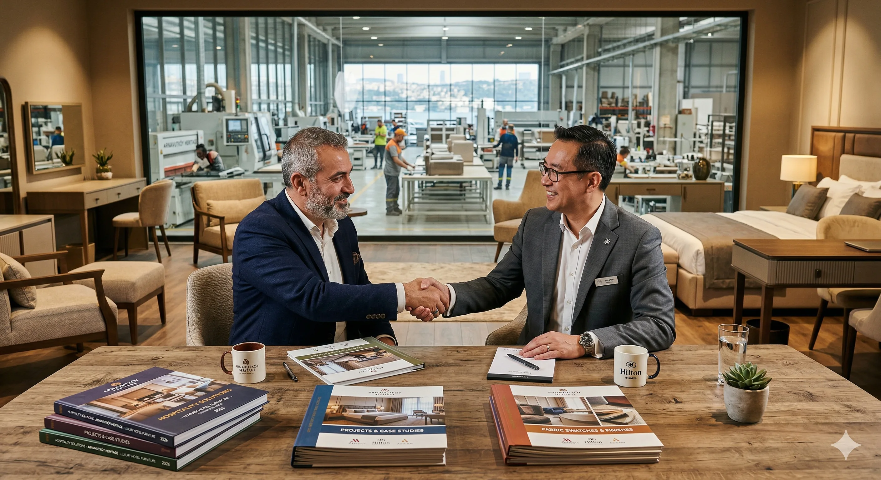 Factory floor with digital screens showing direct B2B e-commerce platform connecting hotel product manufacturer to hotel procurement buyer