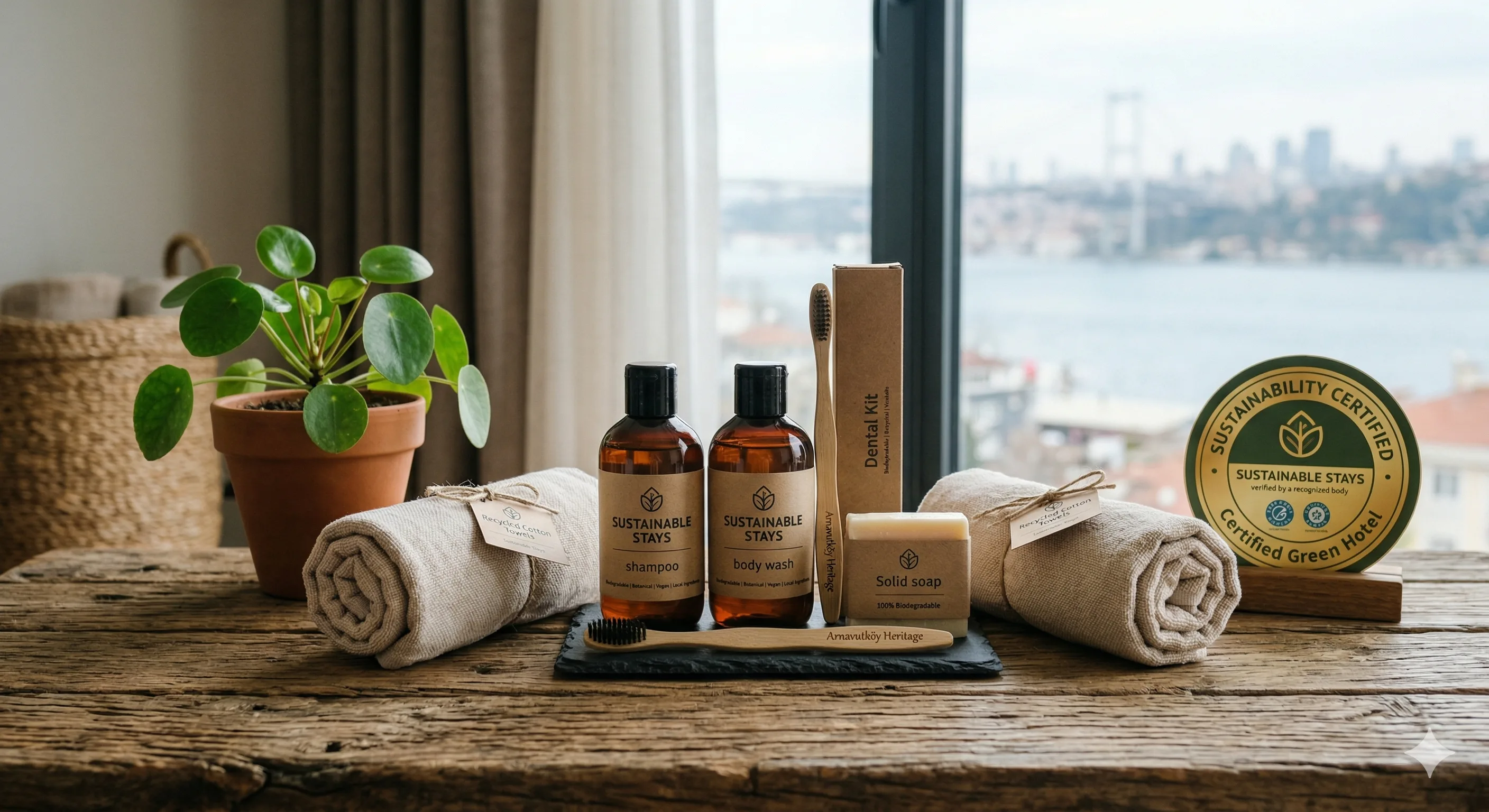 Circular economy diagram showing hotel products flowing from manufacturing through use to recycling and back to production