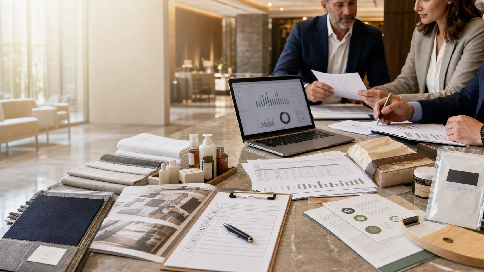 Two hotel procurement executives in a sunlit hotel lobby reviewing supplier proposals — laptop showing analytics dashboards, fabric and textile swatches, amenity bottles, sustainability-marked product samples, and RFP scorecards spread across a marble table