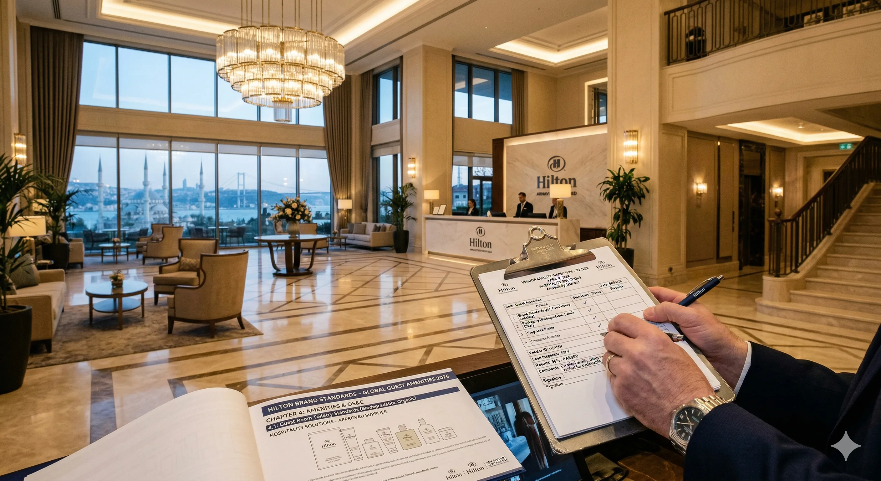 Hilton hotel property exterior with professional supplier meeting in a conference room setting