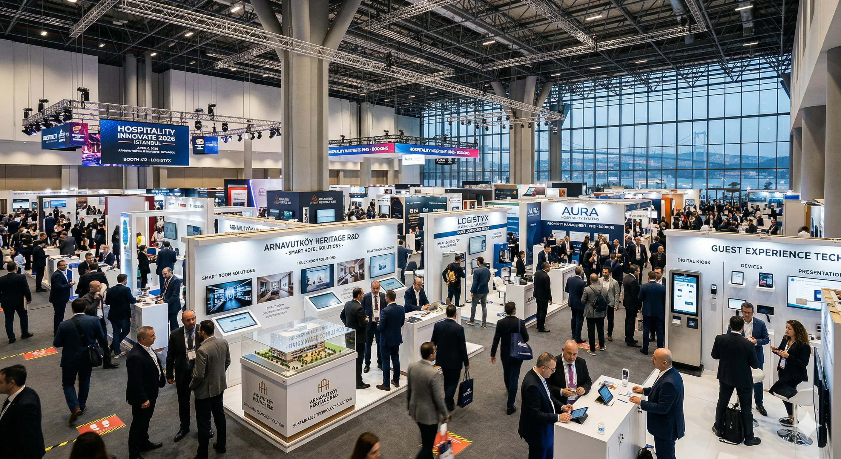 Bustling hospitality technology trade show floor with exhibitor booths and attendees networking