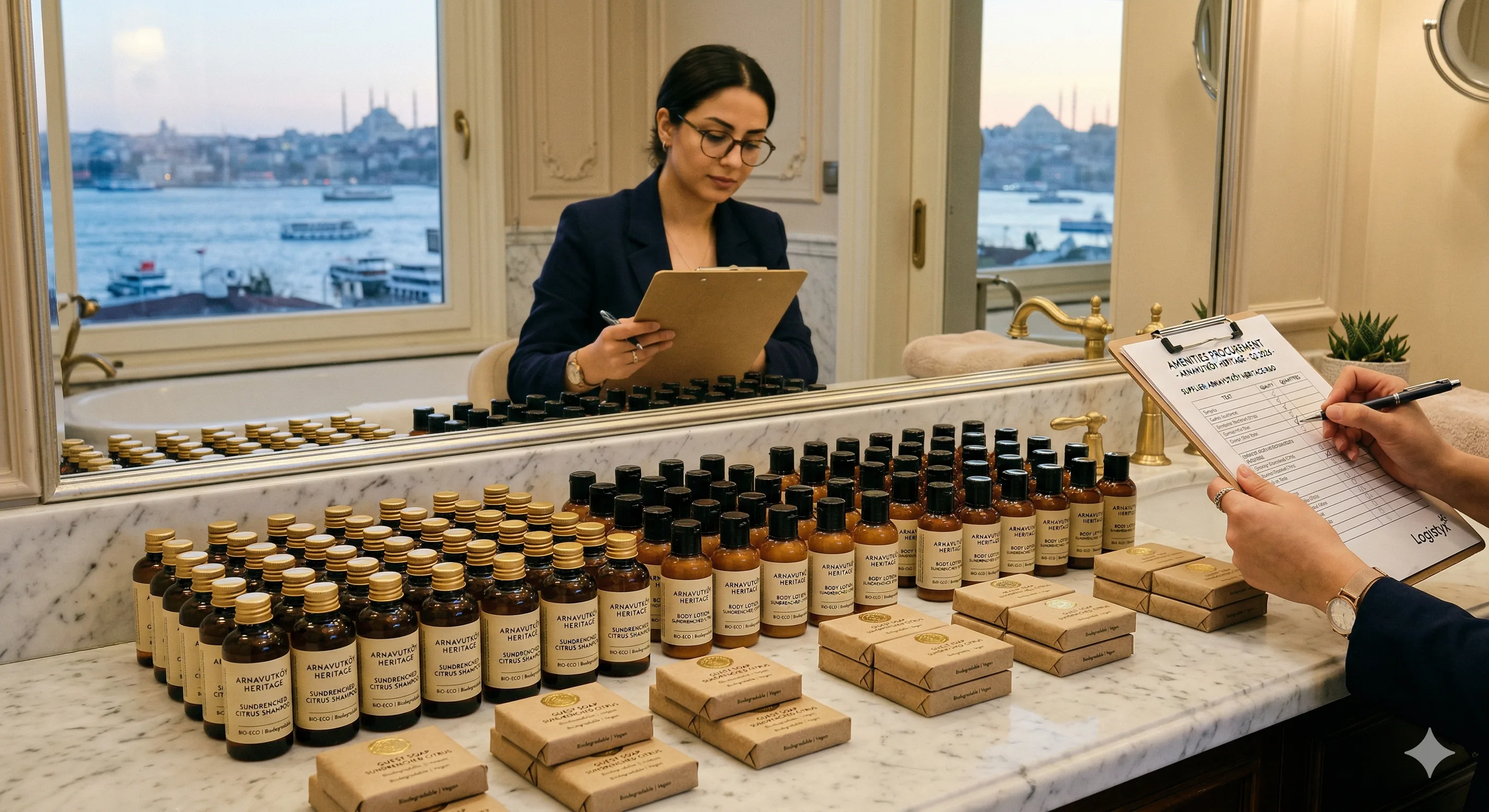 Rows of premium hotel bathroom amenities arranged on a marble countertop with wholesale packaging visible in the background