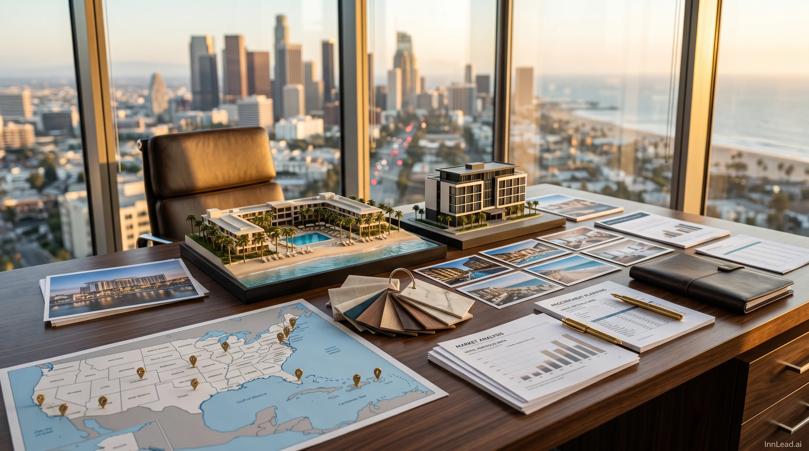 Editorial hotel deal-flow analysis desk with property photos, a US and Caribbean map, FF&E material swatches, and procurement planning documents
