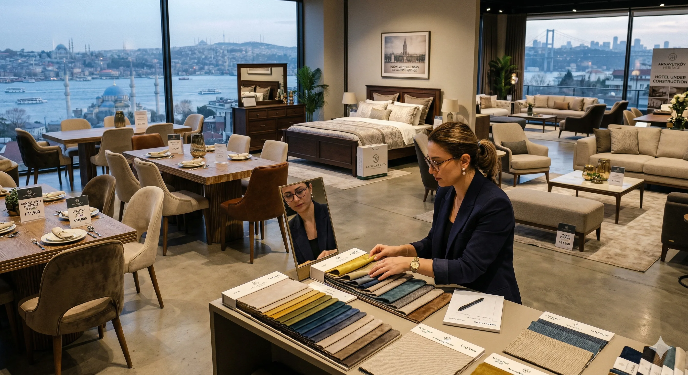 Hotel room interior showcasing wholesale hospitality furniture including casegoods, upholstered seating, and a desk