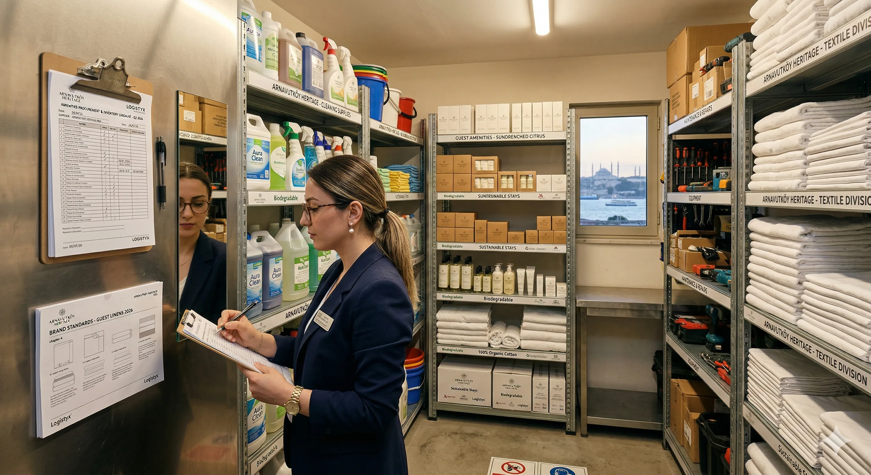 Organized hotel operating supplies including folded white towels, amenity bottles, hangers, and housekeeping cart supplies