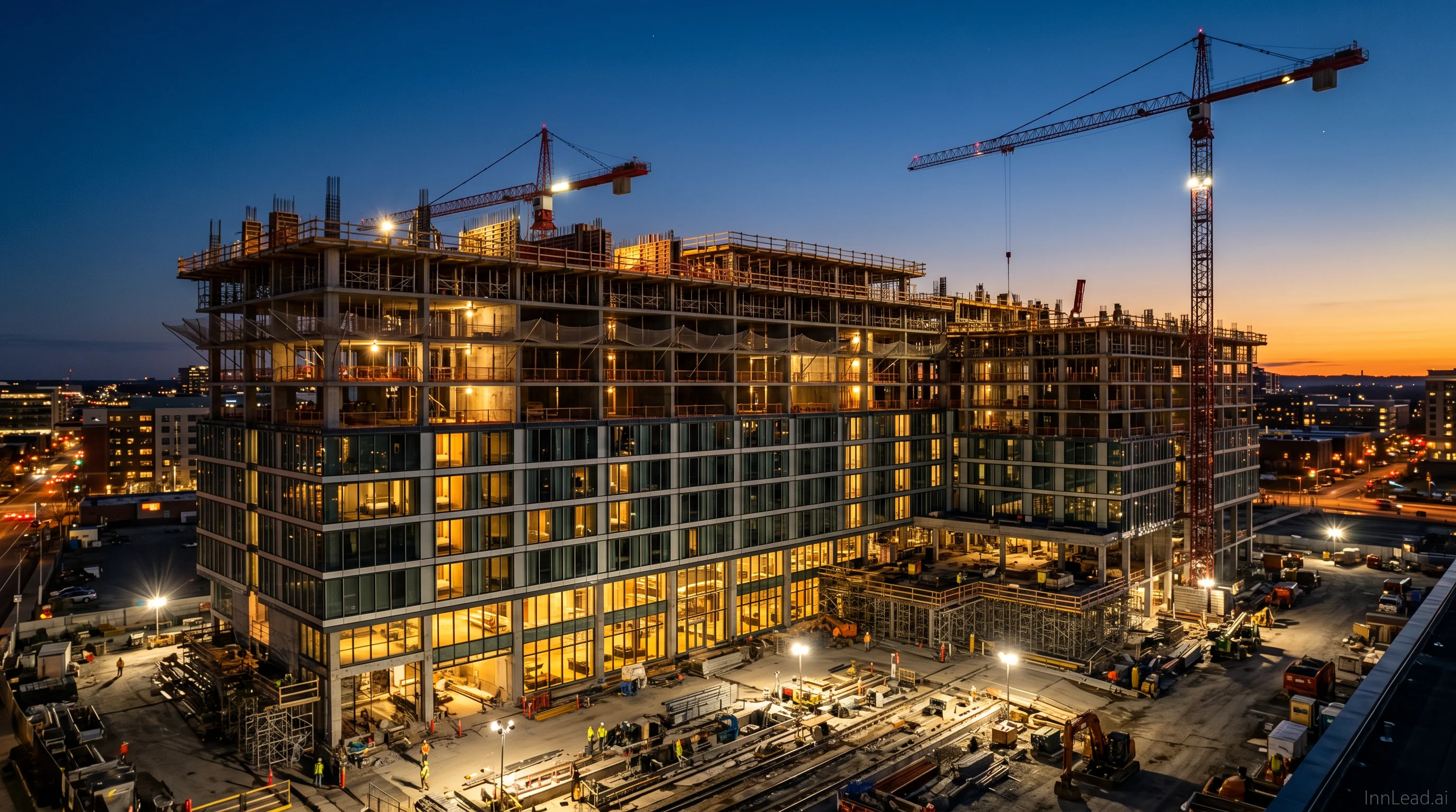 Panoramic construction site of a new hotel with InnLead.ai branding, cranes against a dusk sky