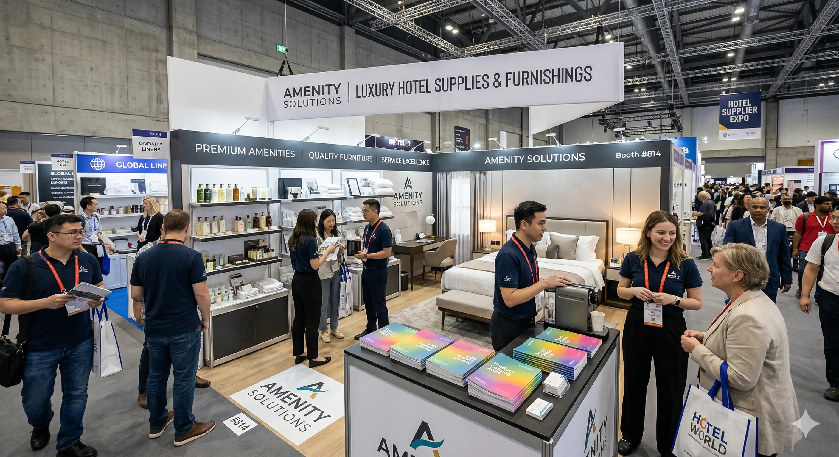 Busy hotel industry trade show floor with exhibitor booths and attendees networking