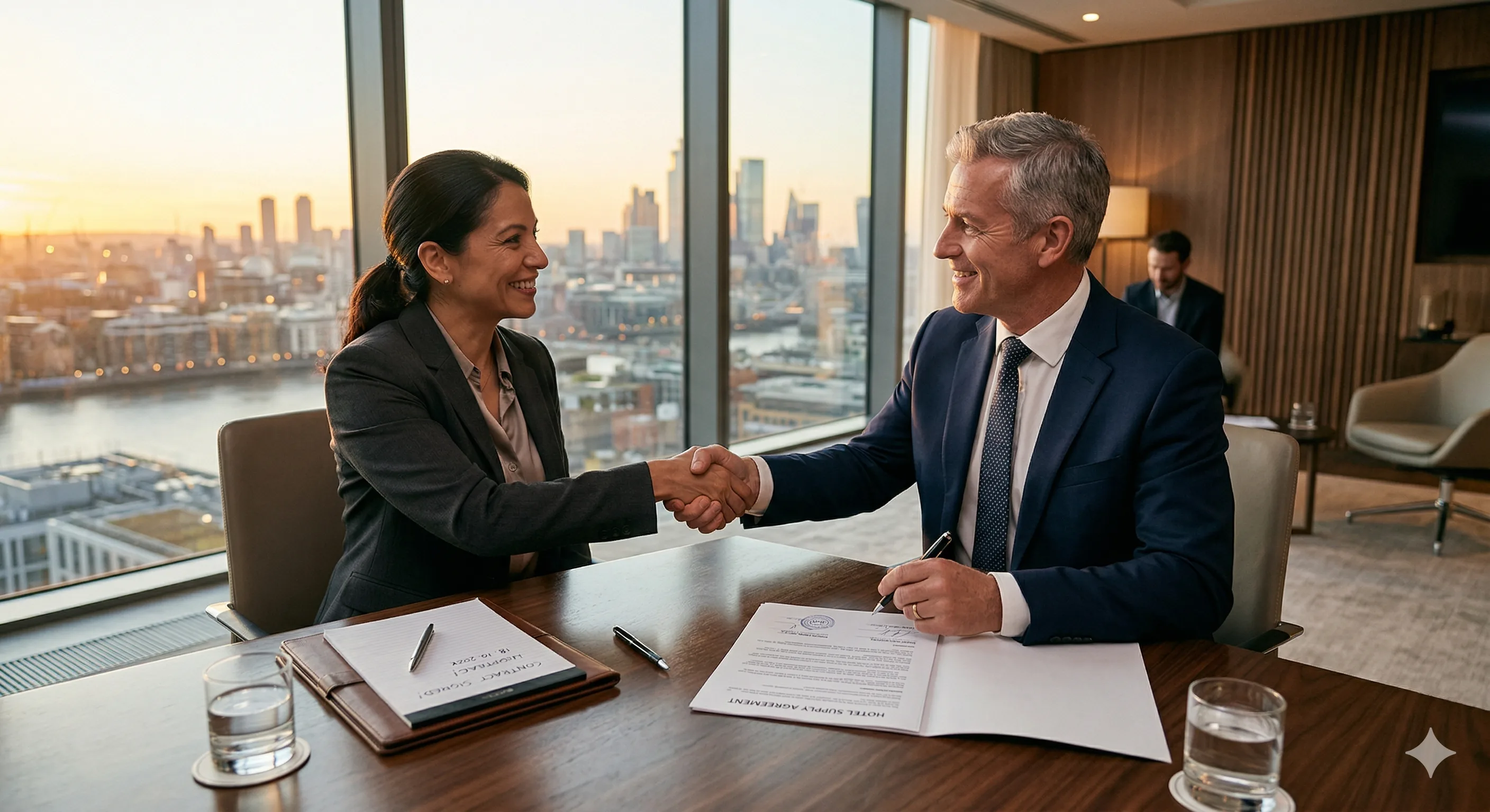 Hotel supply RFP response document with highlighted sections showing executive summary, pricing matrix, and sustainability credentials