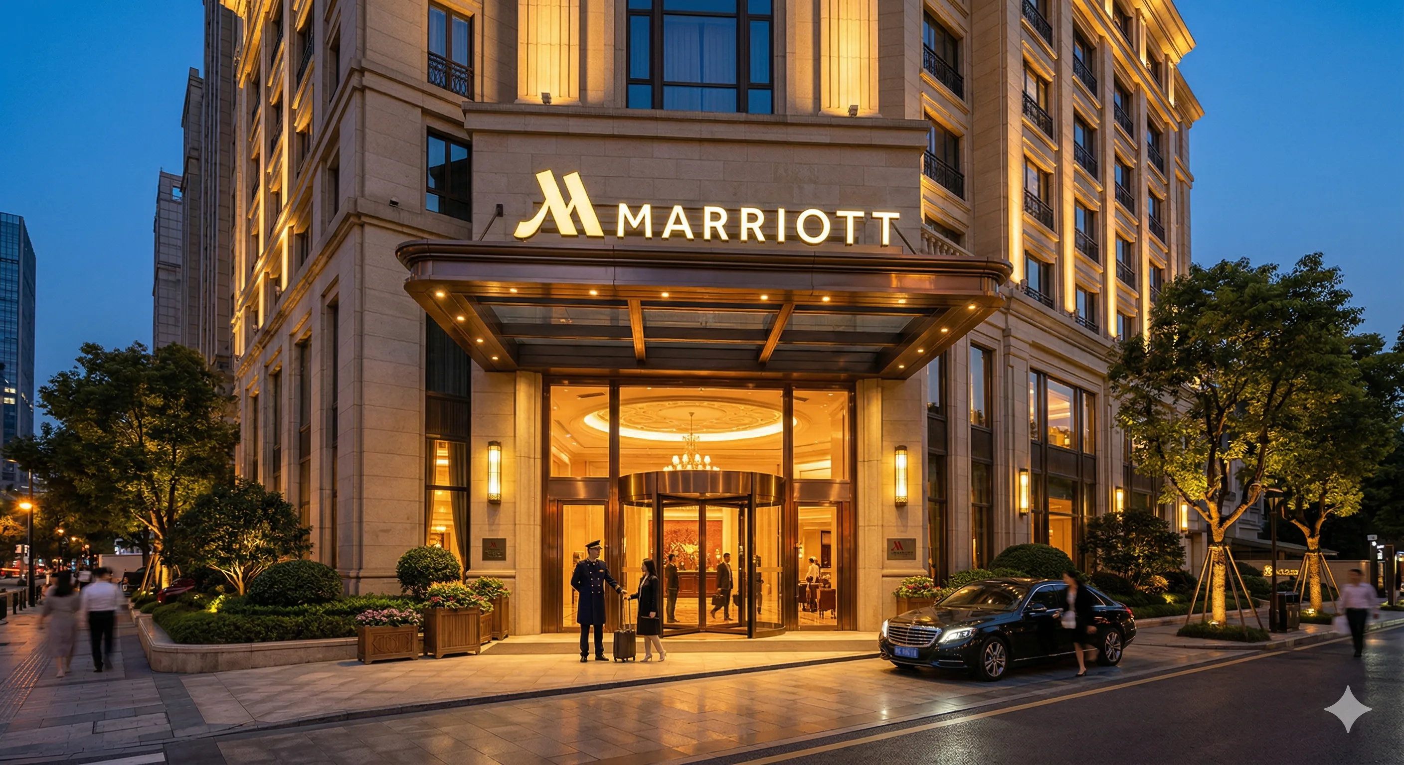 Elegant five-star hotel exterior at twilight with illuminated signage and manicured entrance