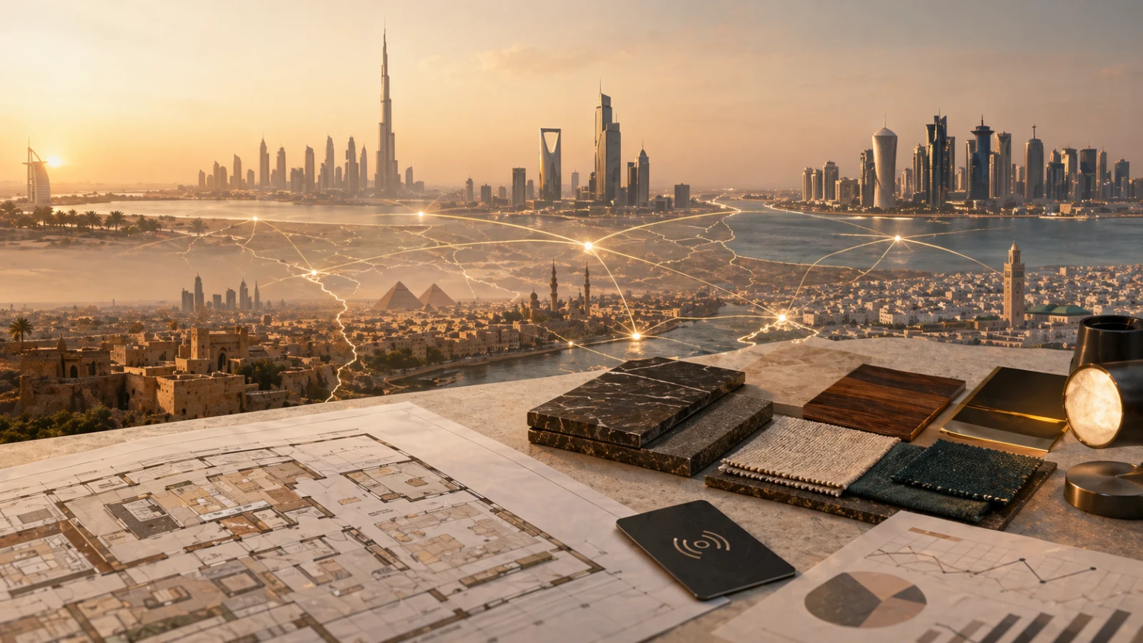 Middle East hotel skyline with Burj Khalifa, Cairo pyramids and connected procurement data network over FF&E sample materials