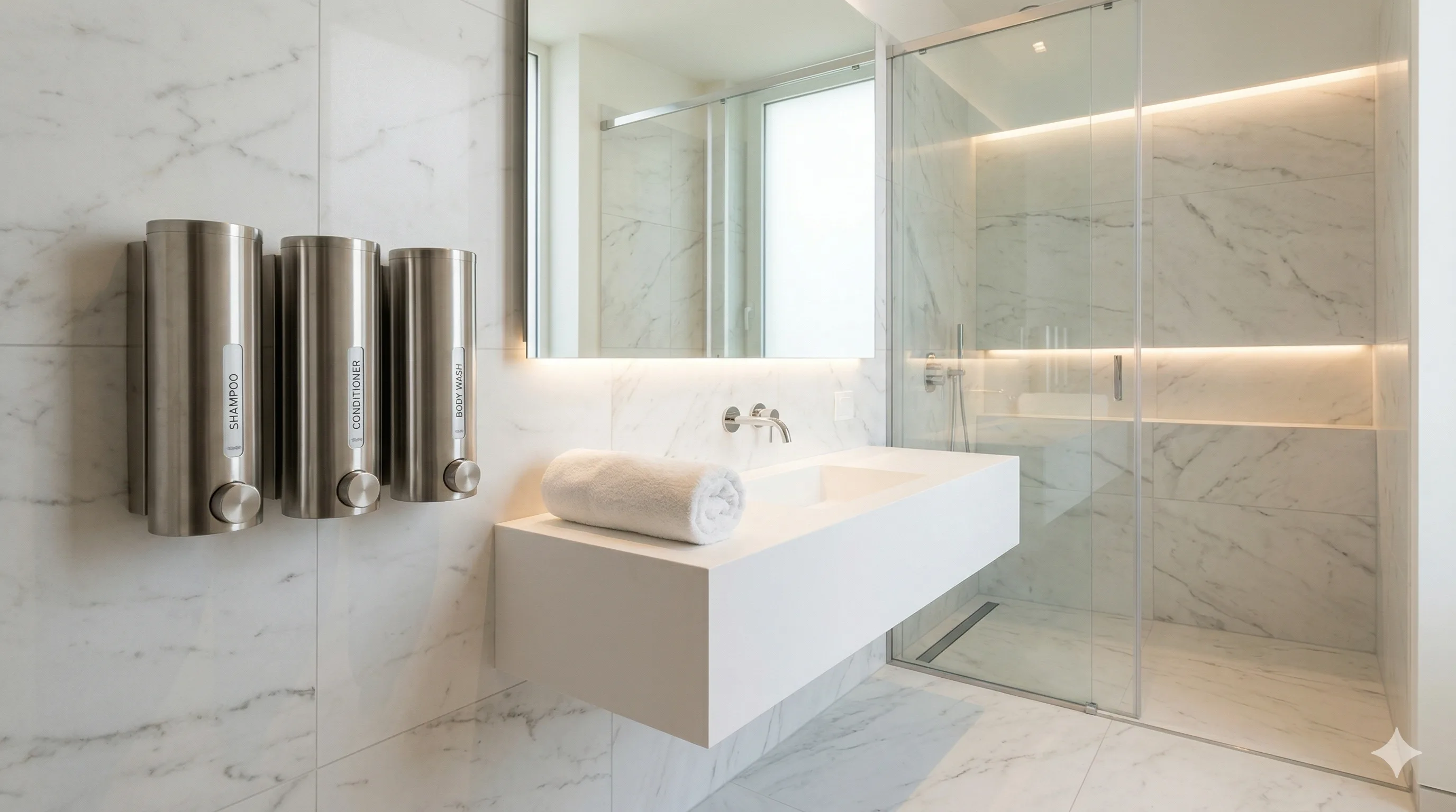 Wall-mounted refillable soap and shampoo dispensers in a modern hotel bathroom replacing single-use mini bottles