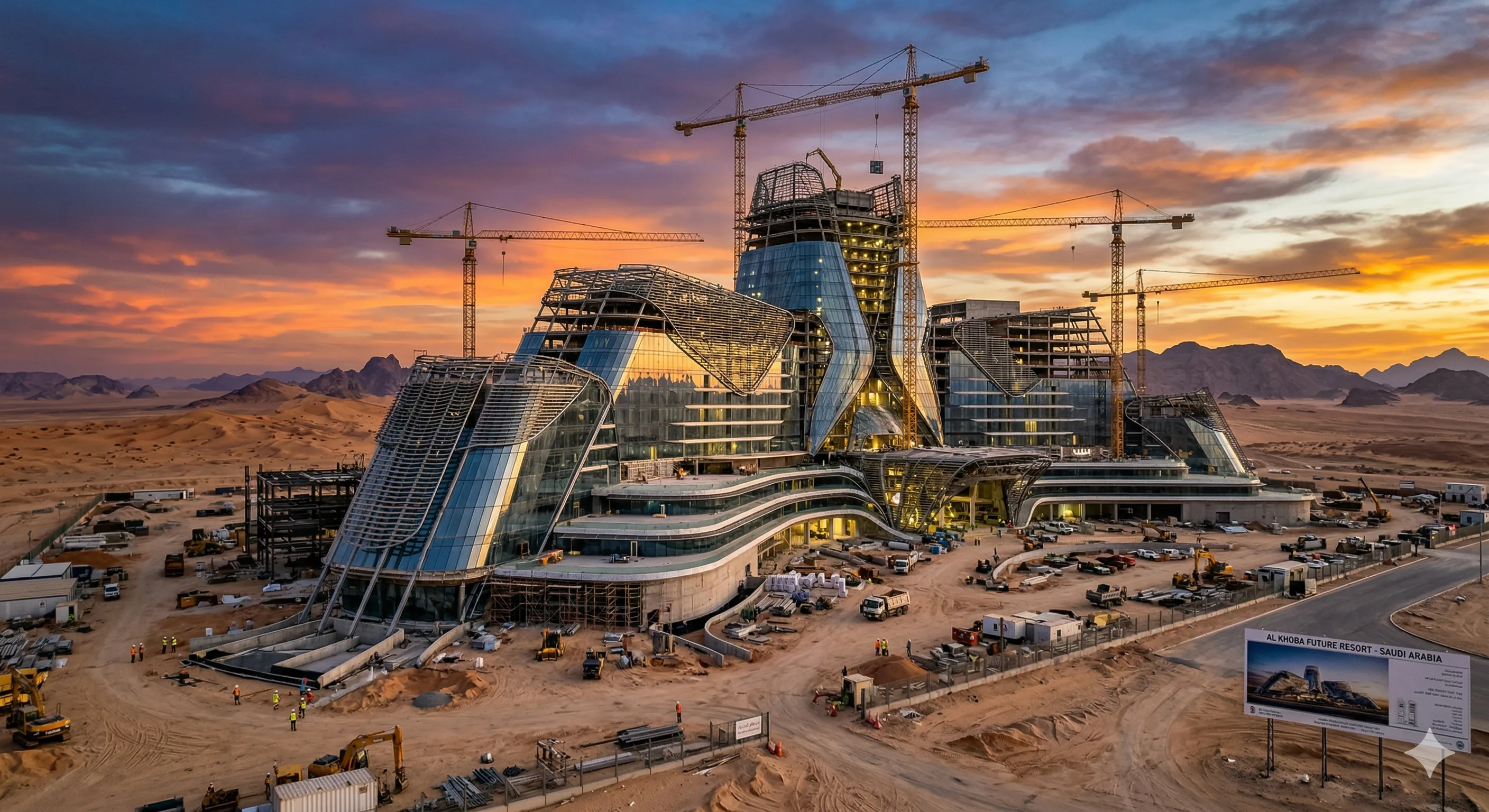 Aerial view of Saudi Arabia mega-project hotel developments including NEOM and Red Sea Global resort construction