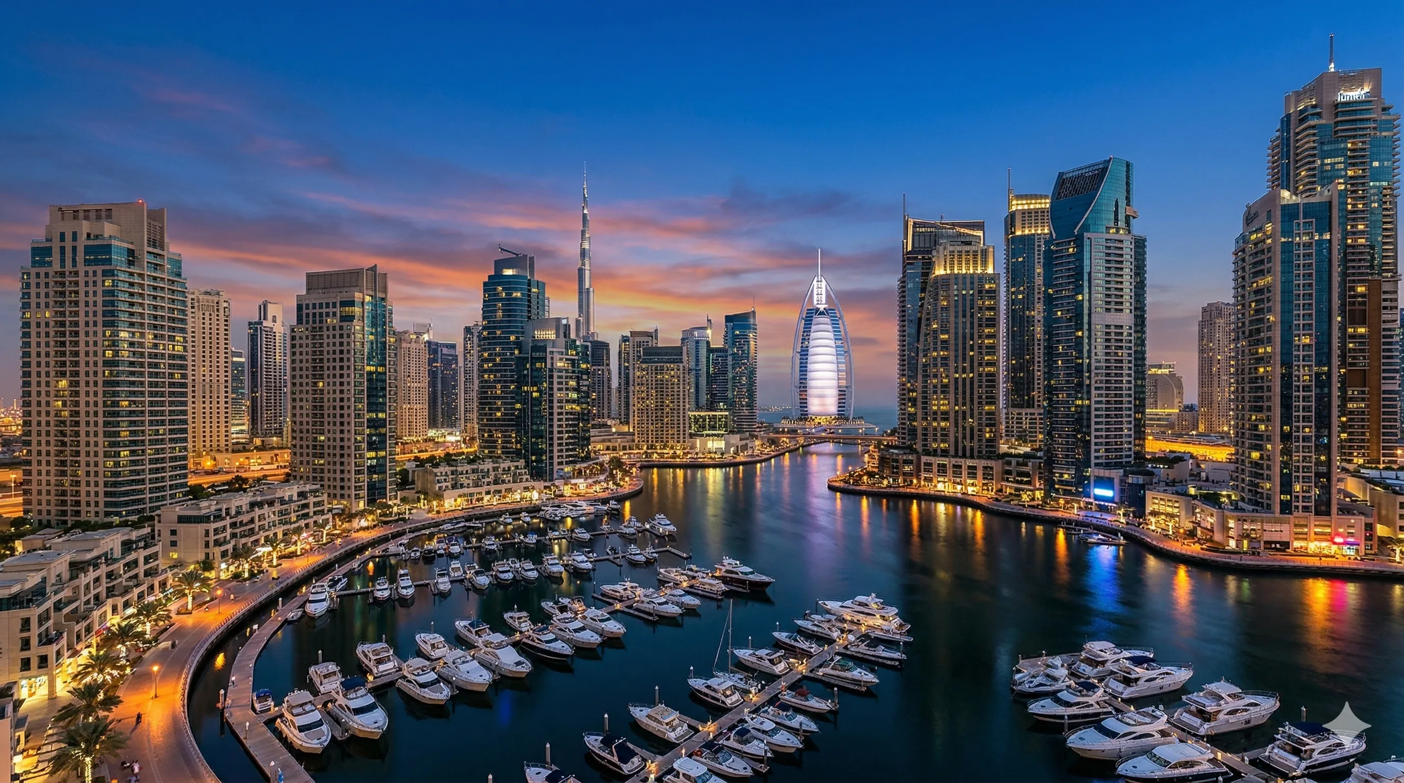 Panoramic view of luxury hotels along the Dubai Marina skyline at sunset representing Middle East hospitality growth