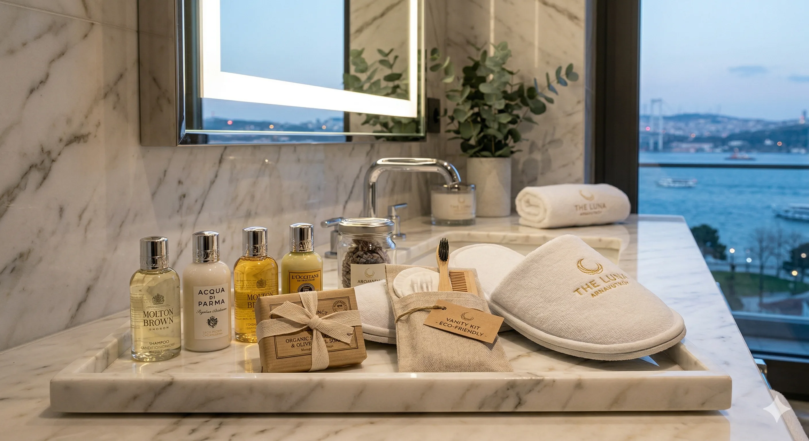 Luxury hotel bathroom vanity displaying premium branded guest amenity products