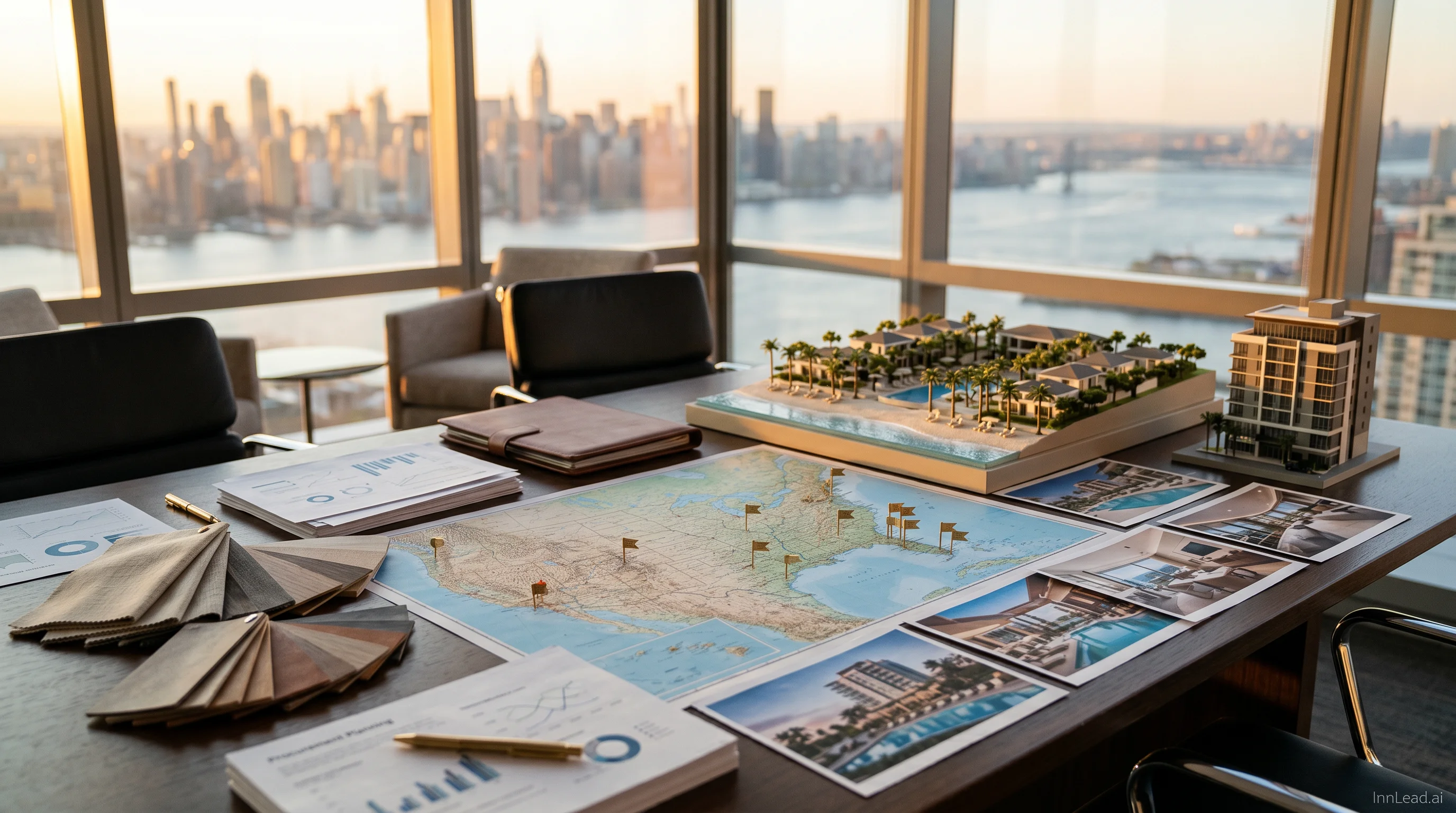 Editorial hotel deal-flow analysis desk with property photos, a US and Caribbean map, FF&E material swatches, and procurement planning documents