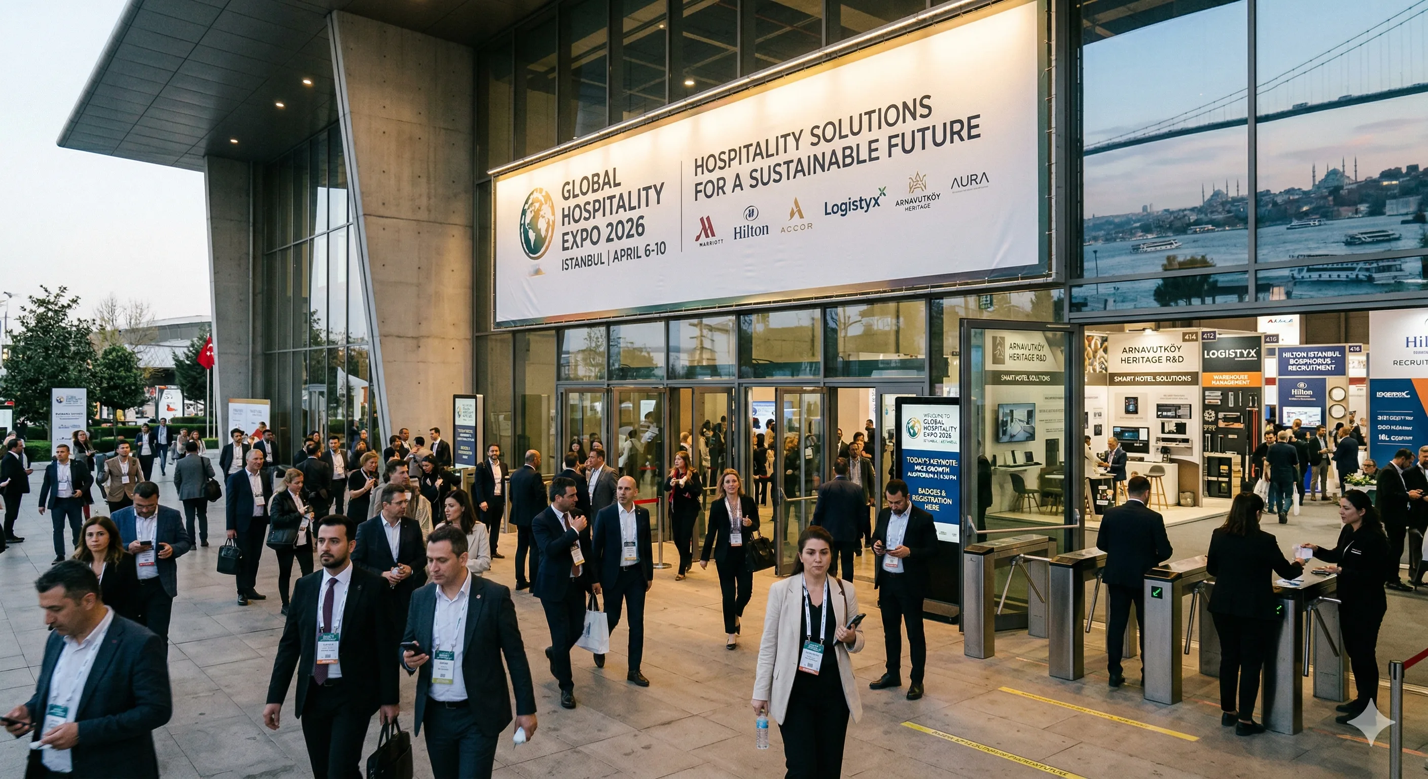 Busy hotel industry trade show floor with exhibitor booths and networking professionals