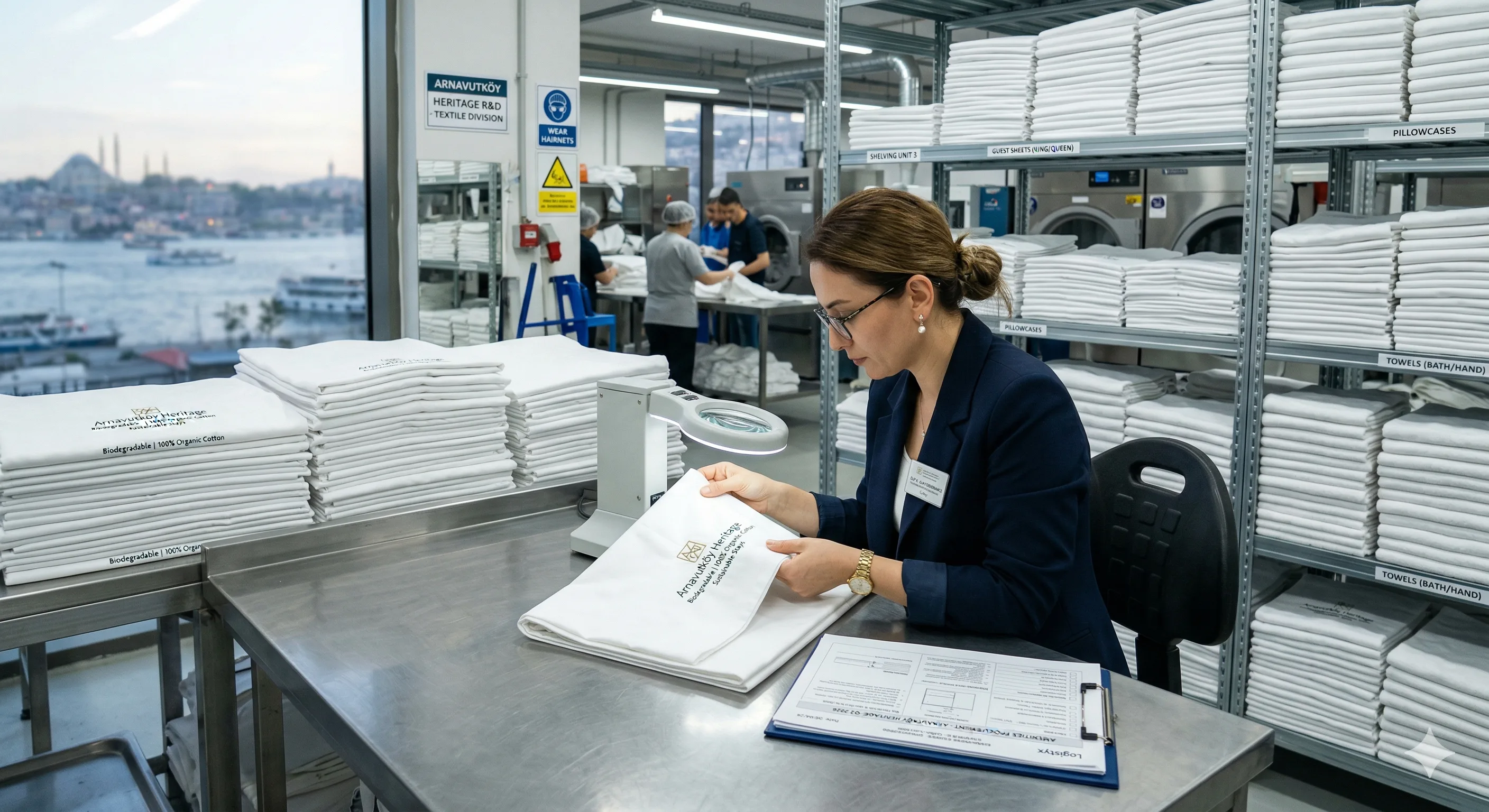 Stacked white hotel linens showing premium thread count and weave quality for luxury hotel supply