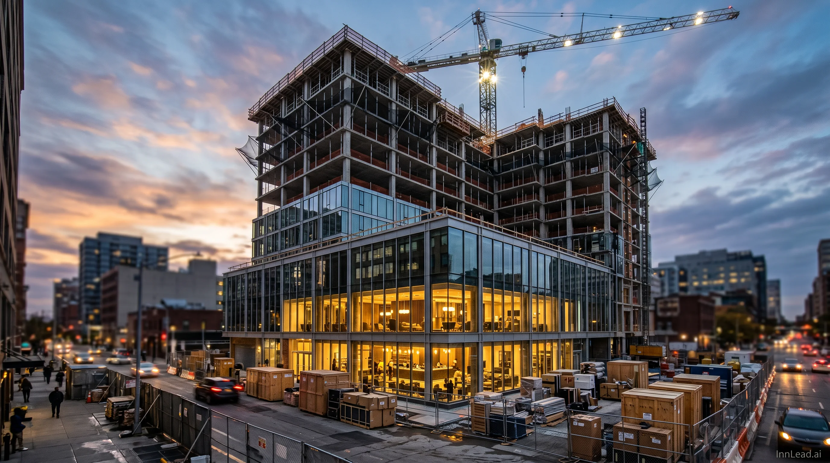 Hotel under construction at dusk with InnLead.ai branding — cranes, glass facade, and warm interior lighting
