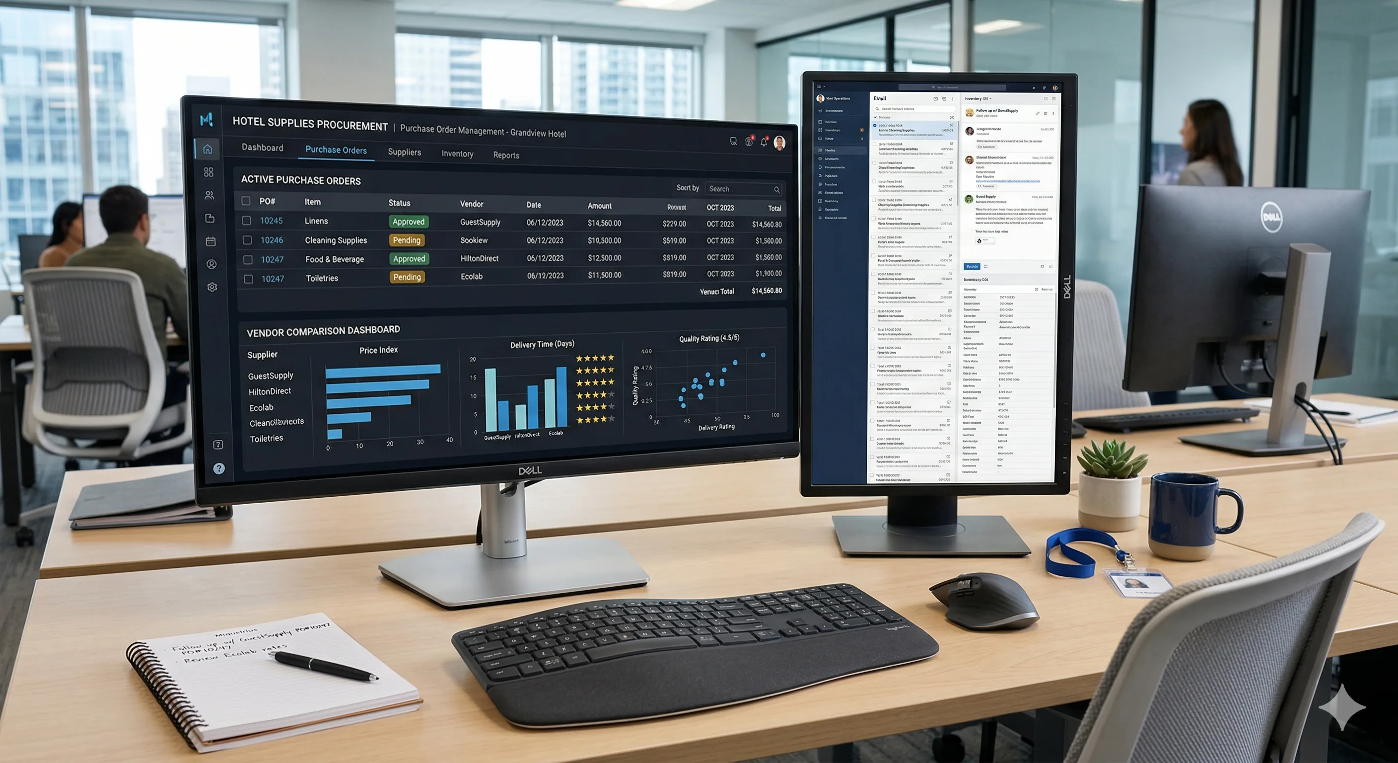 Hotel procurement manager reviewing digital purchase orders on a procurement software dashboard