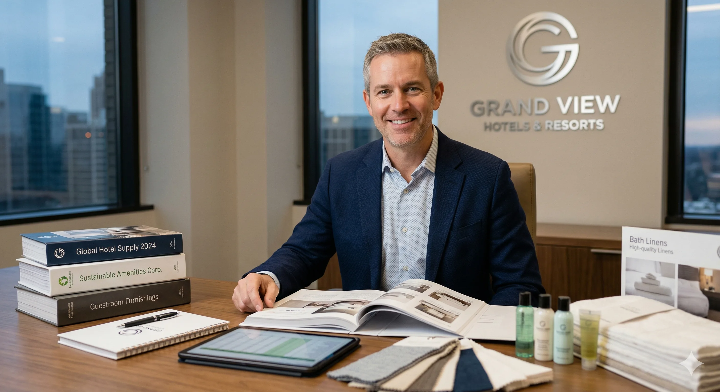 Hotel purchasing manager reviewing supplier proposals and product samples at a desk
