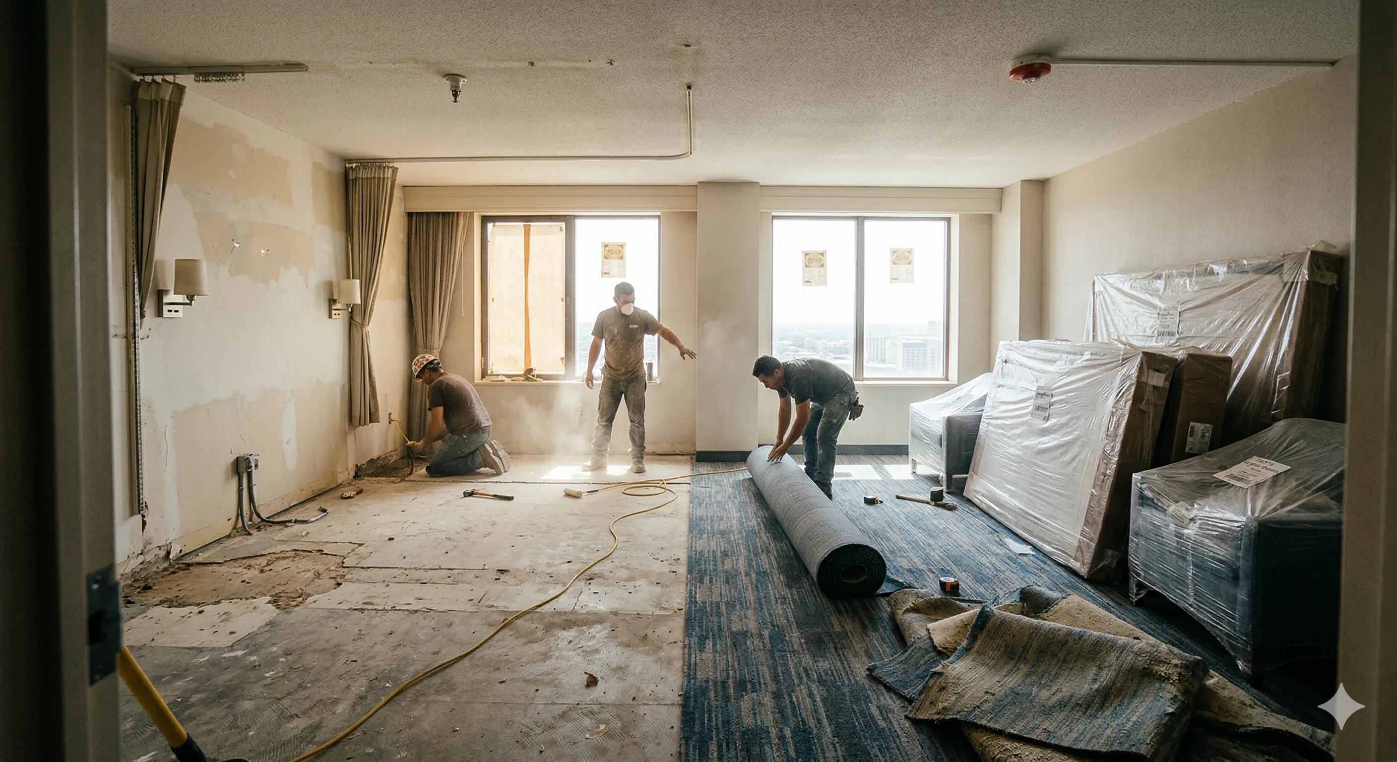 Hotel guest room mid-renovation with new furniture being installed alongside construction plans and FF&E specification documents