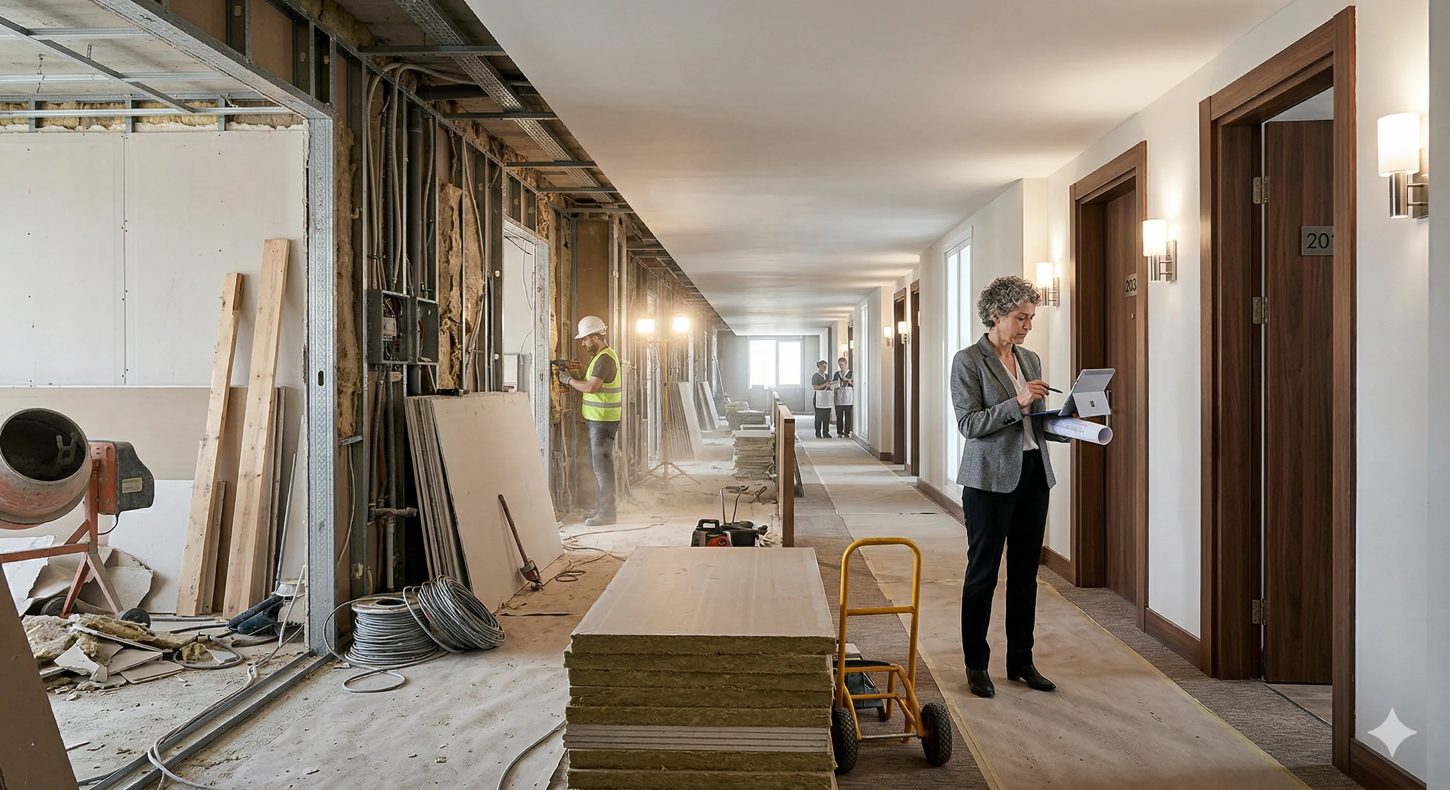Construction crews renovating a hotel lobby with exposed framing and new FF&E materials staged for installation