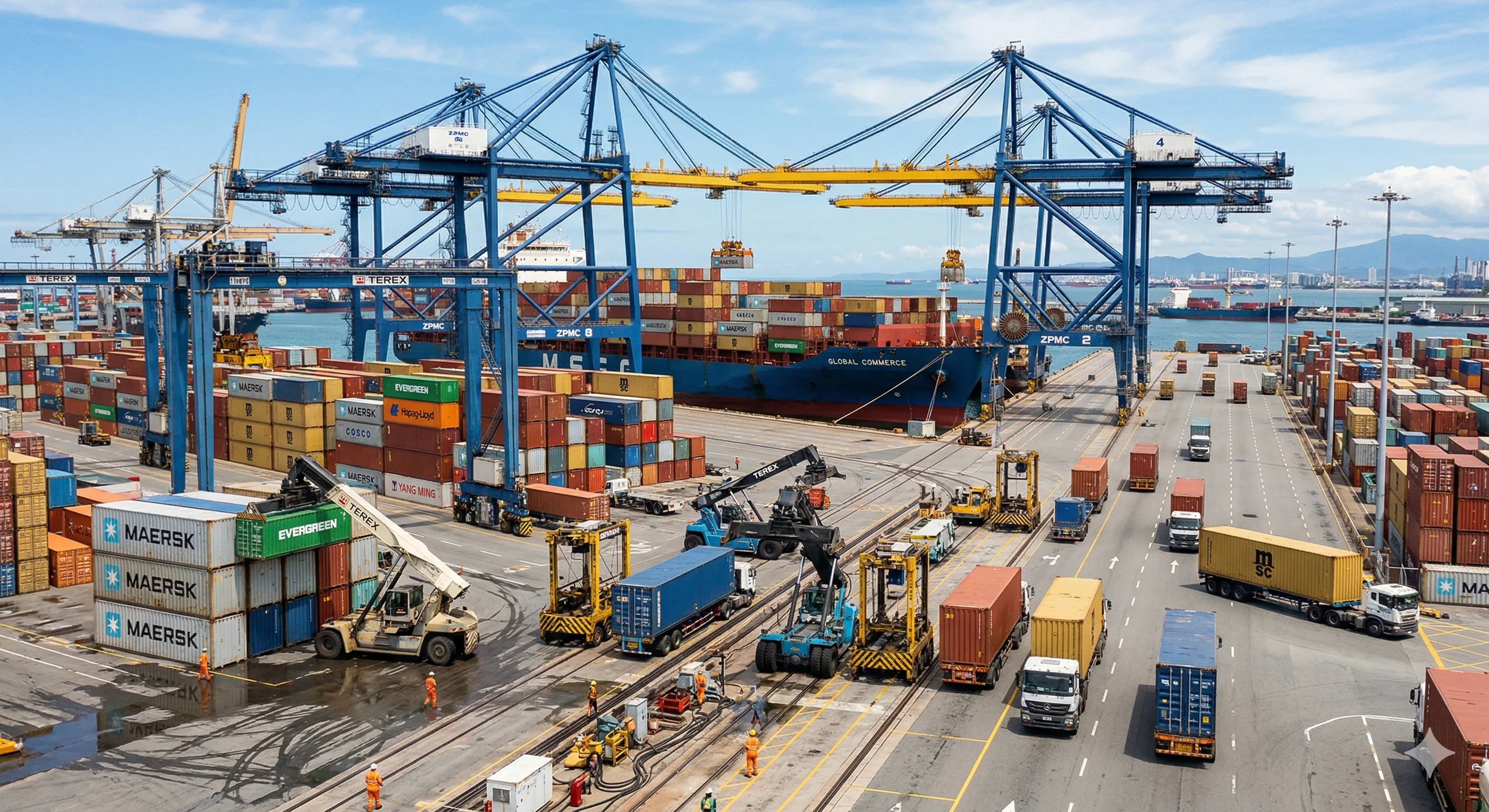 Shipping containers stacked at port representing hotel supply chain disruptions in 2022