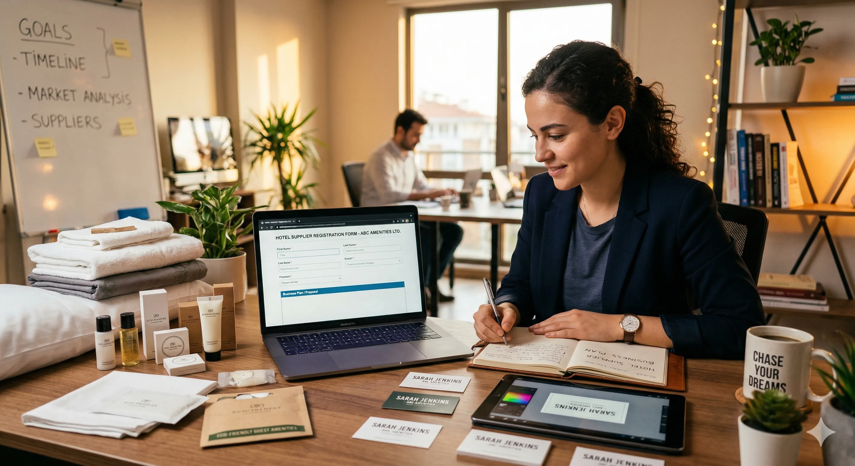 Modern hotel lobby with InnLead.ai branding — teal armchairs, reception desk, and ambient lighting