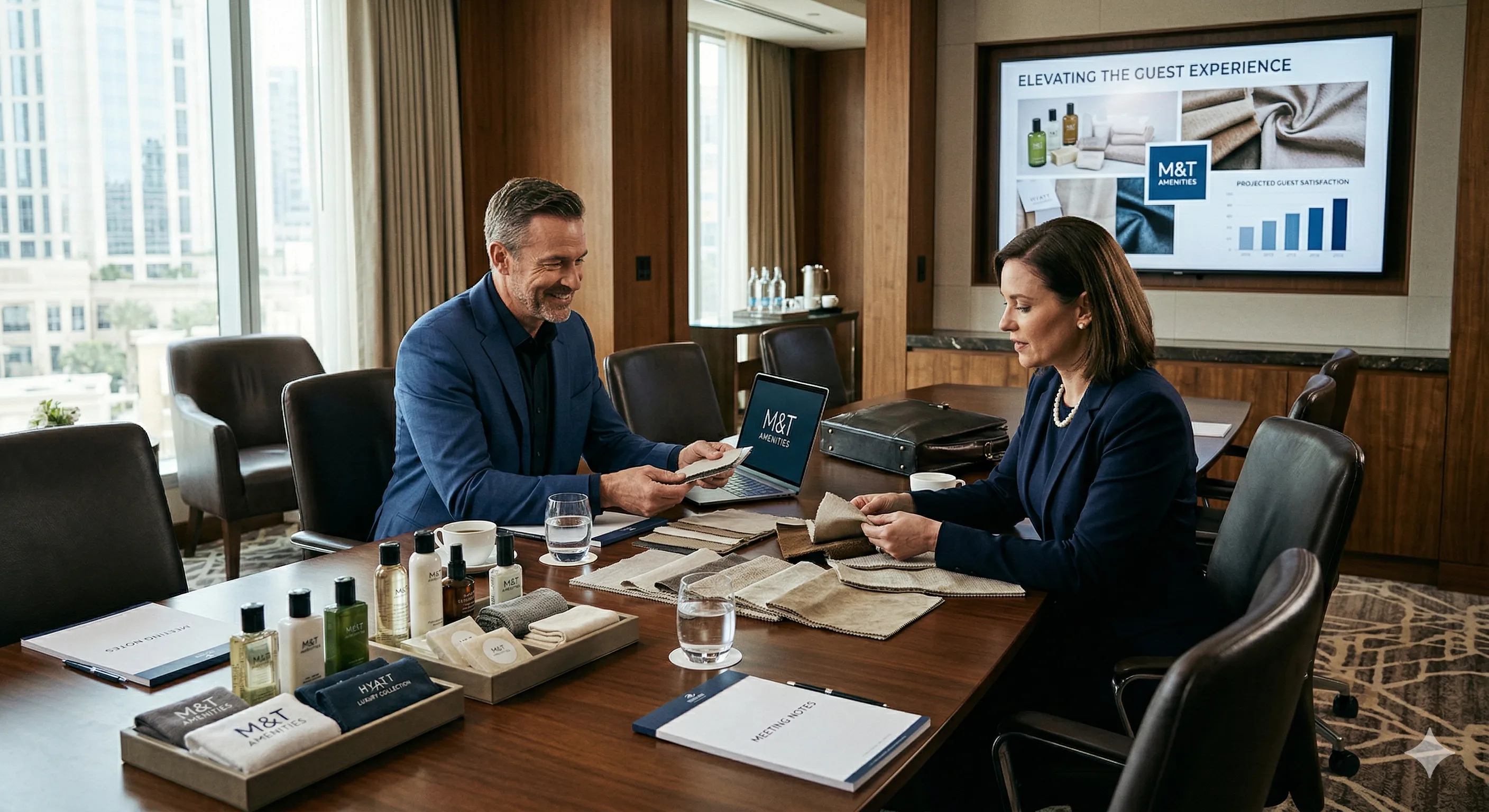 Close-up of premium embossed InnLead.ai leather card held in hand — luxury hotel supplier branding