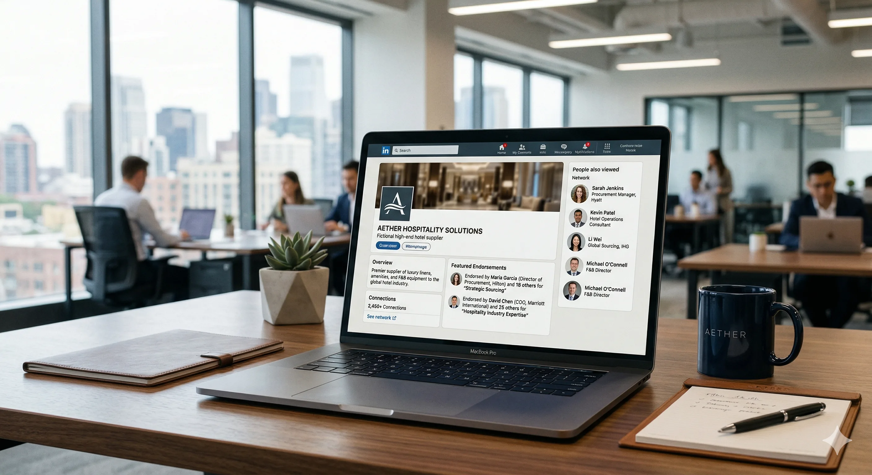 LinkedIn profile and Sales Navigator search interface targeting hotel procurement and purchasing manager contacts