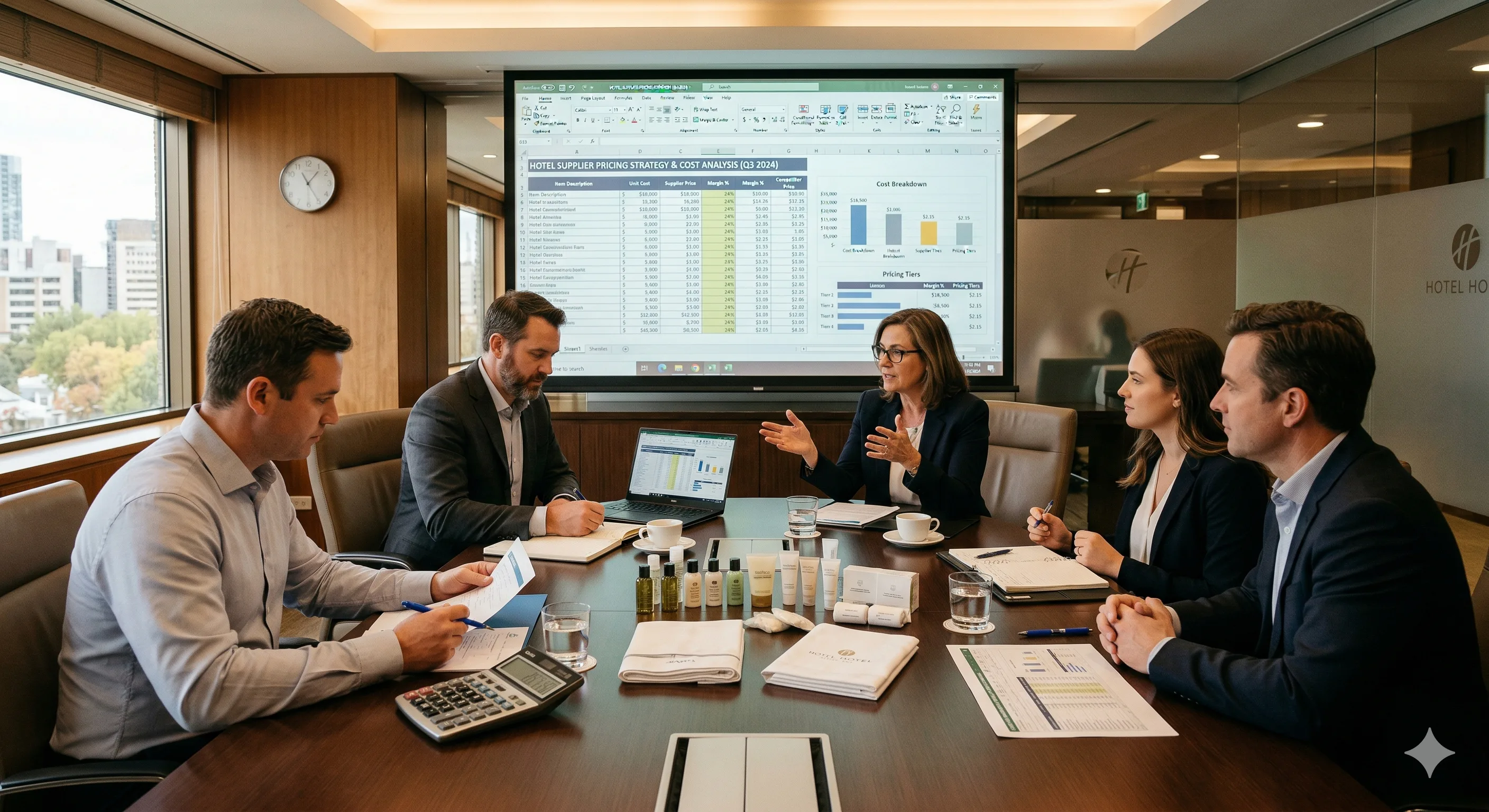 Hotel supplier pricing strategy meeting with cost analysis spreadsheets and product samples on conference table