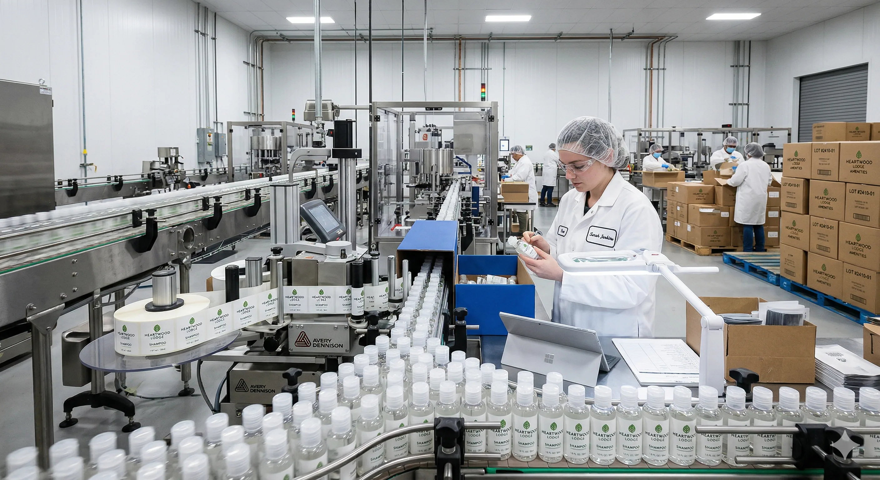 Production line in a modern cosmetics factory filling hotel-branded amenity bottles with automated equipment