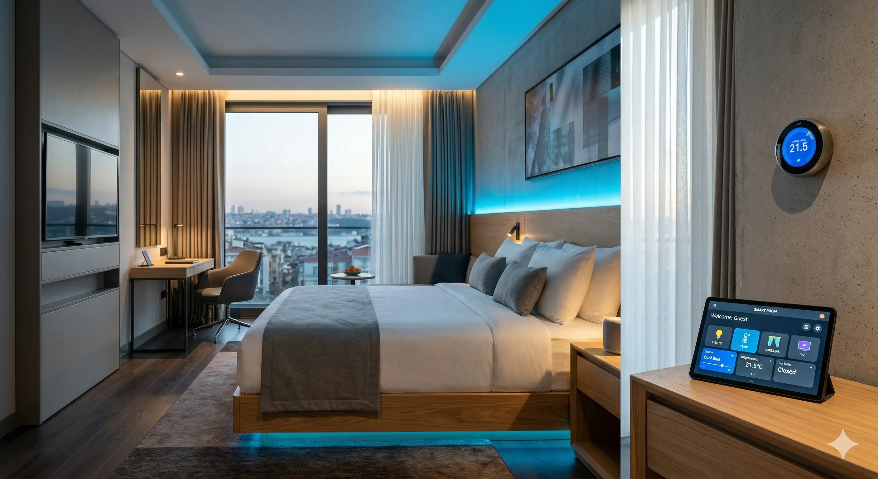 A modern hotel room equipped with smart thermostat, voice assistant, digital keypad, and tablet concierge on the nightstand