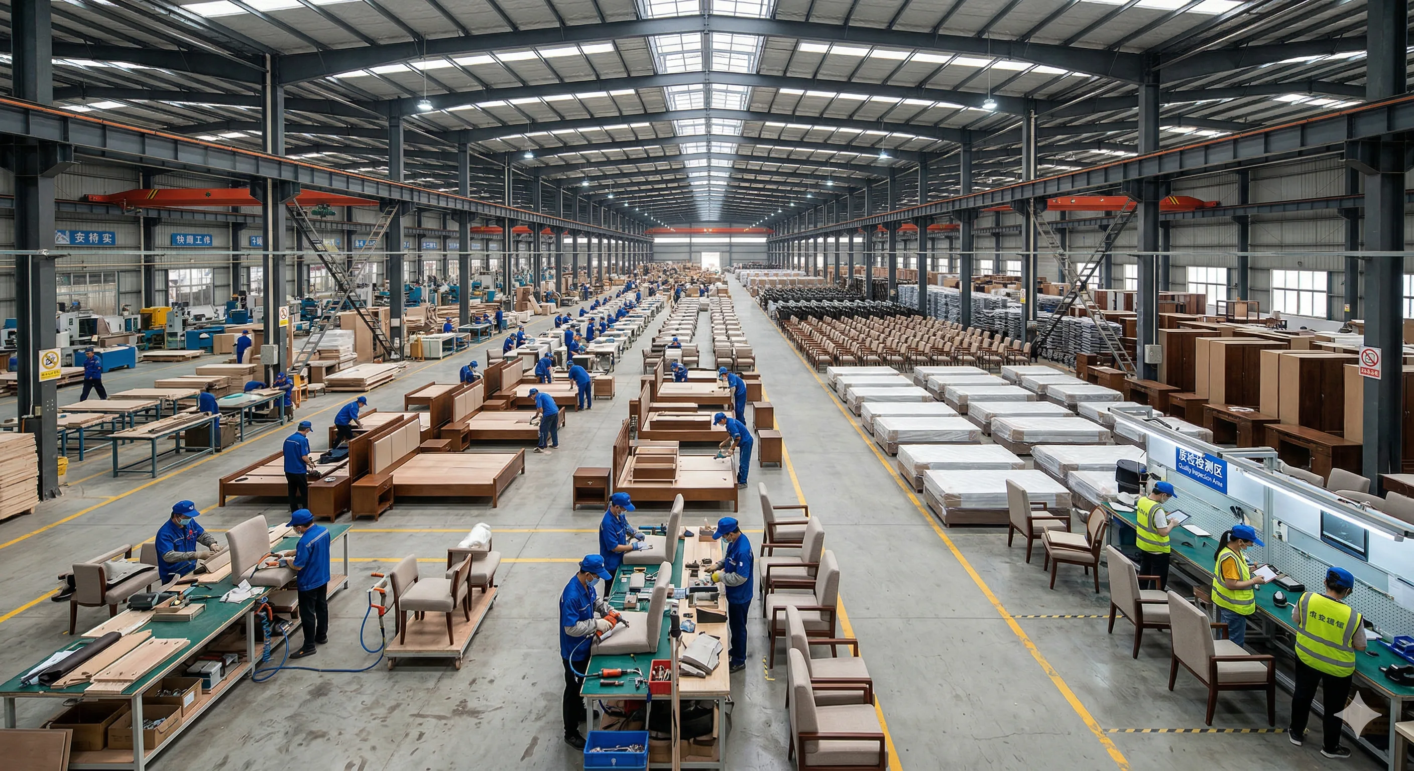 Chinese furniture factory production floor with hotel bedroom sets being manufactured and inspected for quality control