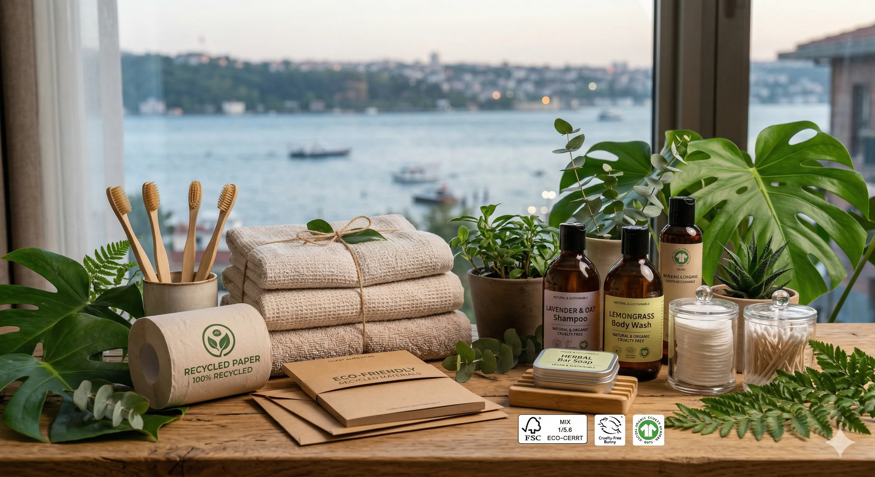 Eco-friendly hotel supplies including biodegradable amenities and sustainable linens displayed on a bamboo surface