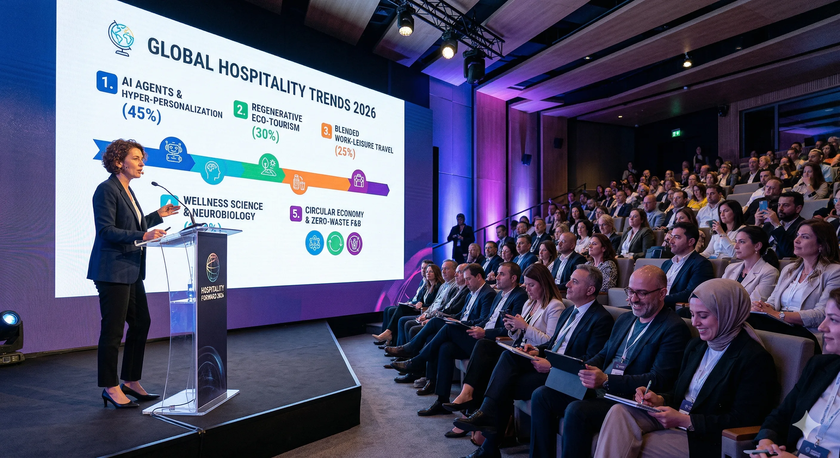 Infographic showing ten hospitality industry trends for 2026 with icons representing AI, sustainability, construction, and digital transformation