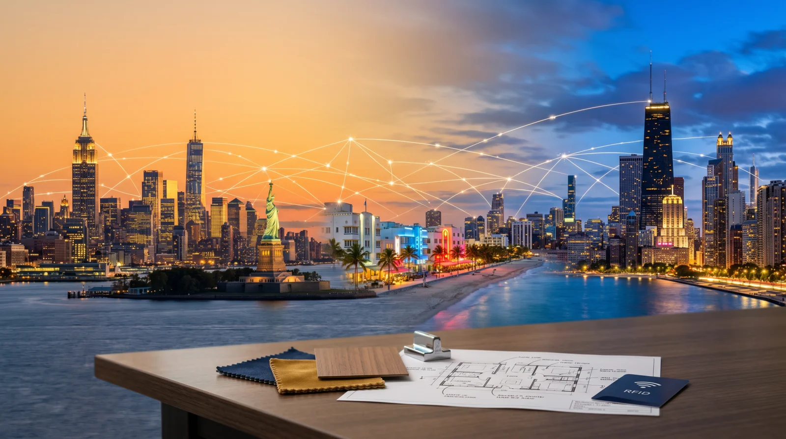 USA hotel skyline — New York, Miami, Las Vegas — overlaid with procurement data network and FF&E material samples